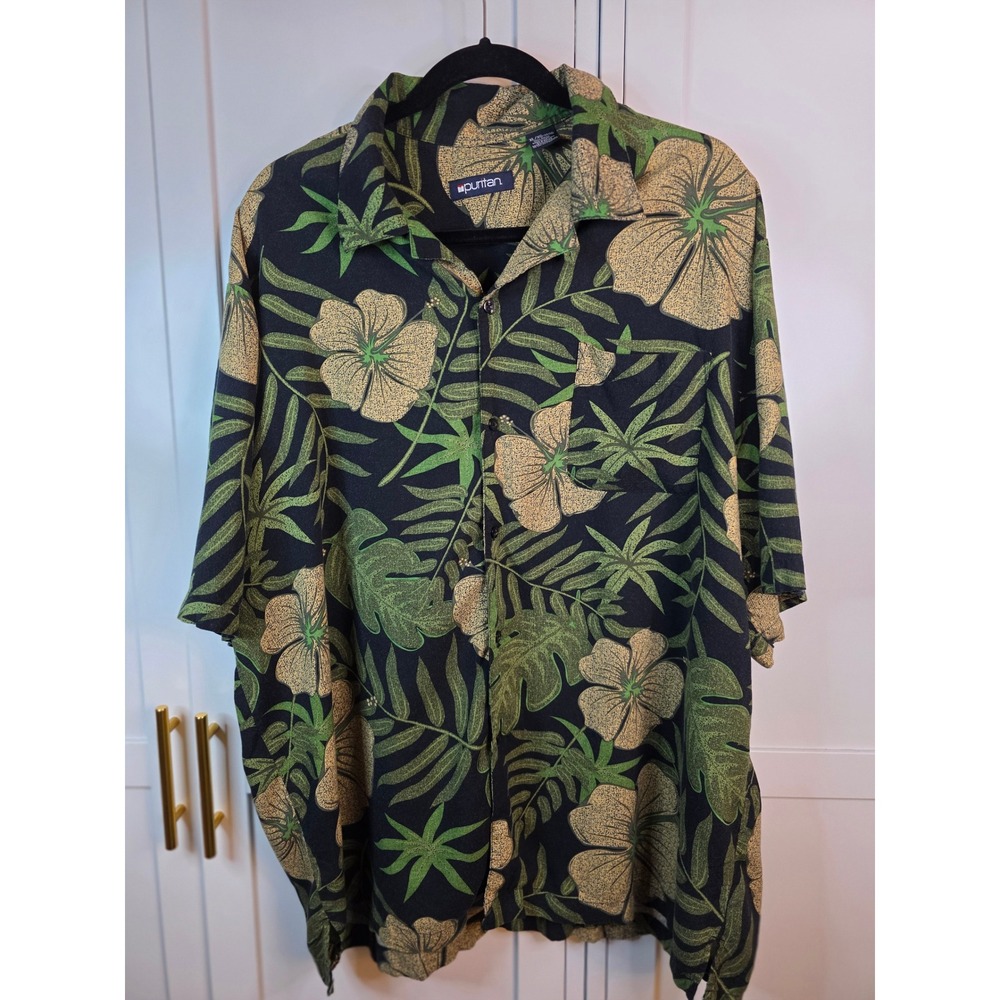 Puritan Mens XL Tropical Floral Hibiscus Rayon Button Down Shirt Black Green Tan